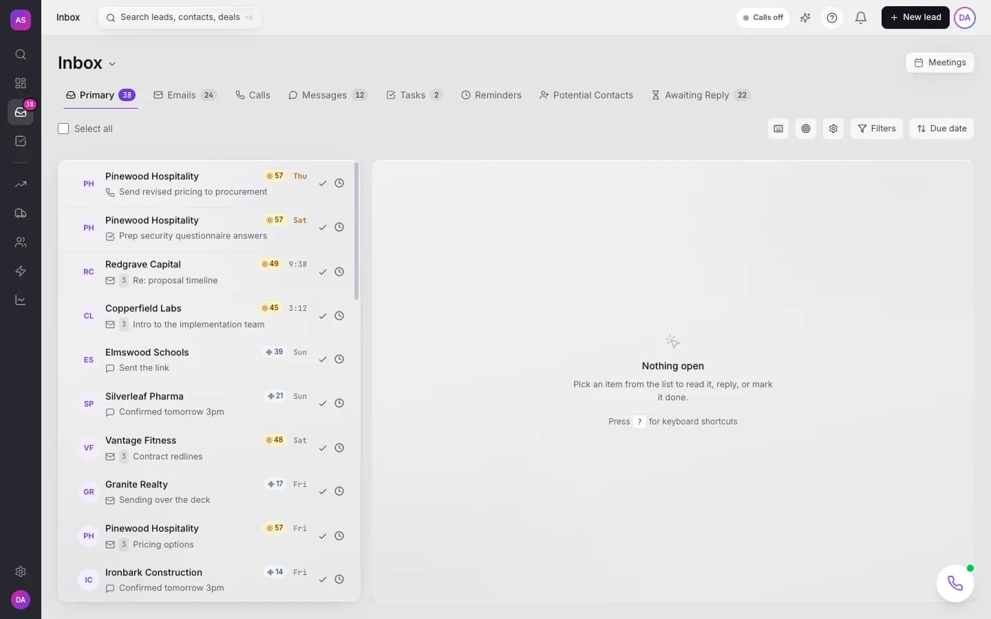 Pitch2Sale Inbox screen, on demo data
