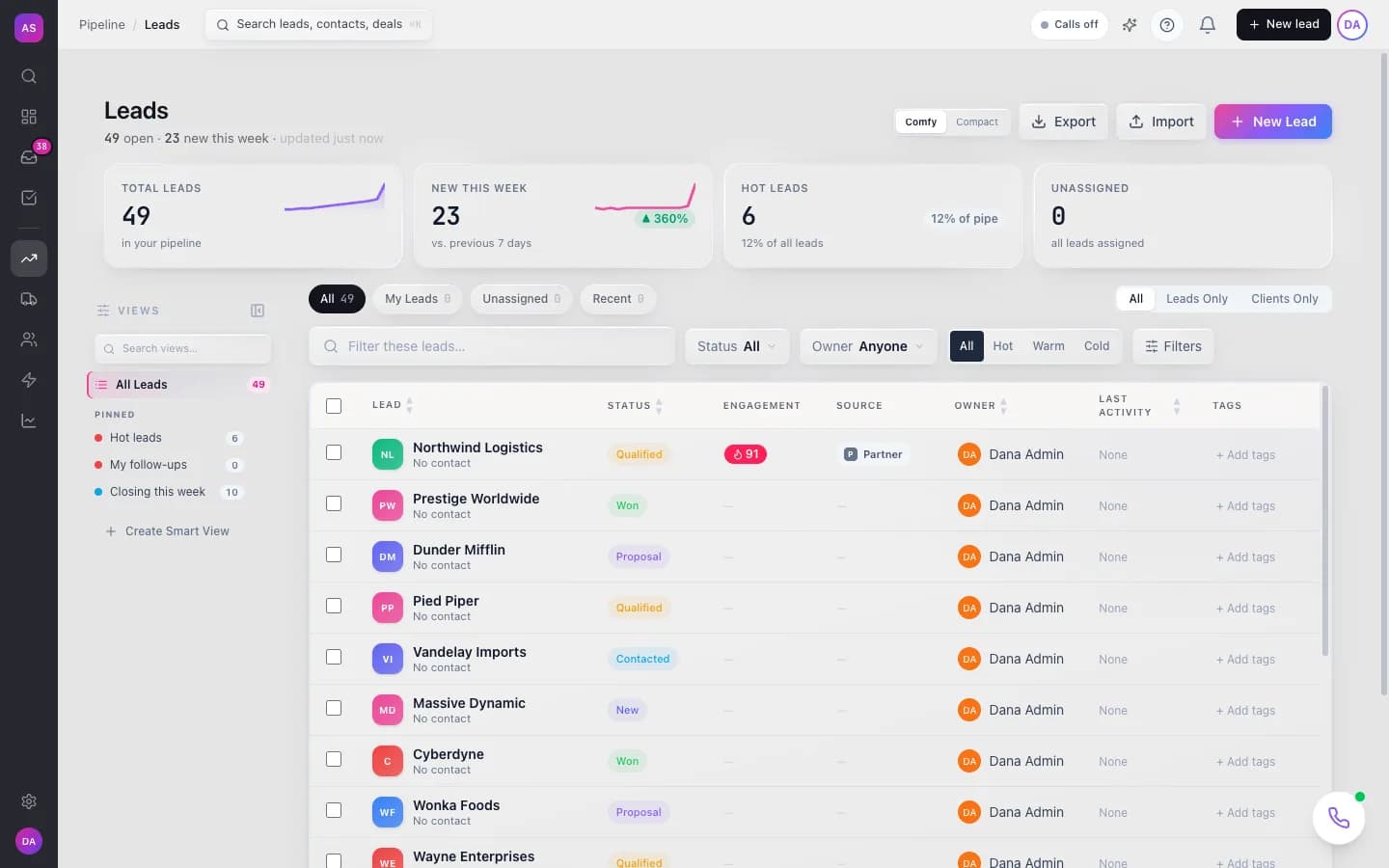 Pitch2Sale Leads screen, on demo data