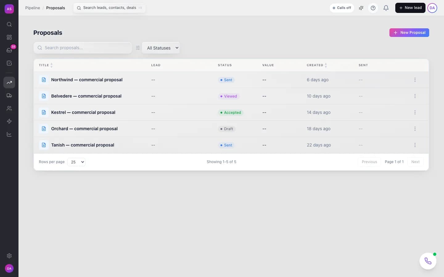 Pitch2Sale Proposals screen, on demo data
